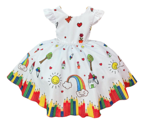 Vestido Infantil Branco Aquarela C/ Cinto Pérolas Luxo