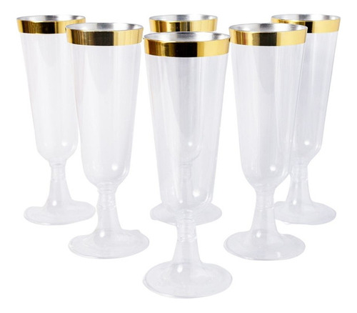 Taça De Champagne Acrílico Borda Dourada 160ml Com 6 Um