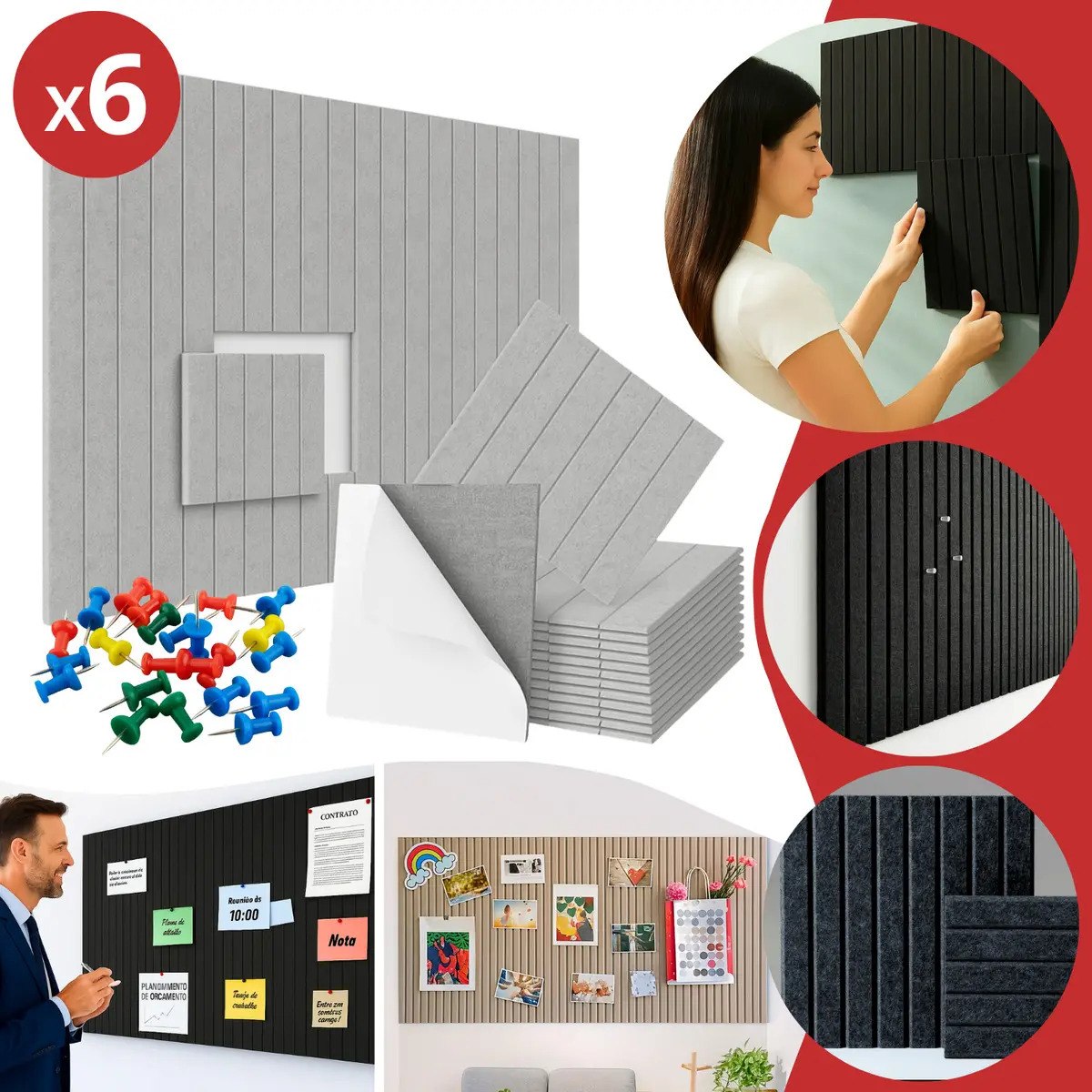 Kit 6 Placas Painel Quadro De Aviso Decorativo Adesivo 90x60 Cortiça Foto Mural Cinza + Alfinetes Gurumania®