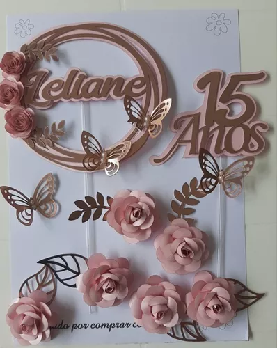 Topo de Bolo 15 anos Flores e Borboletas Lilás personalizado