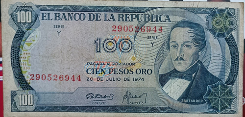 Billete Antiguo De 100 Pesos Oro Colombianos Del Año 1.974