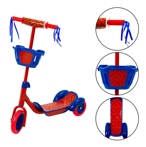 Patinete Decorado Masculino Com Cesto E Três Rodas Bbr Toys Cor Vermelho e Azul