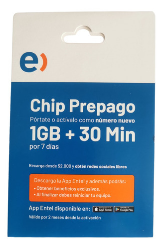 Chip Prepago Entel 100 Unidades 1 Gb + 30 Minutos 