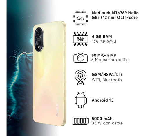Celular Oppo A38 4gb Ram 128gb Almacenamiento Interno Dorado 4g 90 Hz Pantalla Amoled 6.56