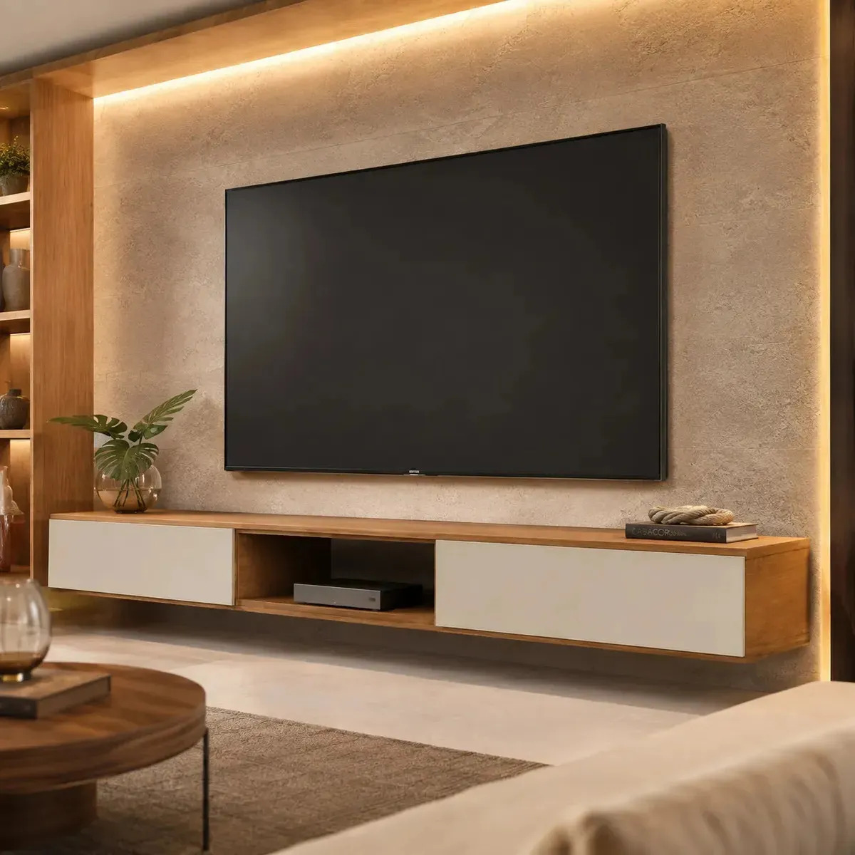 Rack Suspenso Para Tv Ate 72 Polegadas Nicho 1.8 Design Moderno Sala 2 Gavetas Cor  Camaru-off White
