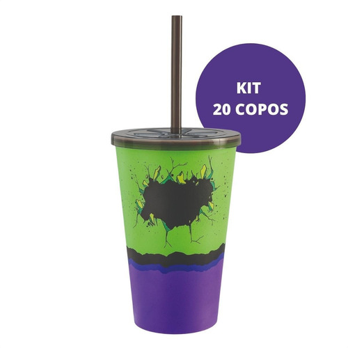 Kit 20 Copos 500ml Heroi Esmaga Reutilizável Canudo Tampa 