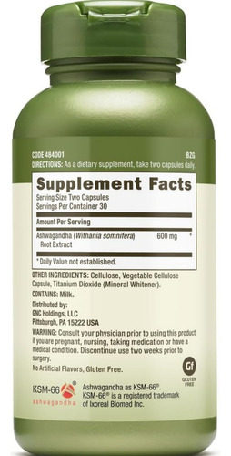 Gnc Ashwagandha 600mg Ksm-66 - 60 Cápsulas