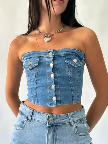 Top Denim De Jean Elastizado Con Cierre Mujer