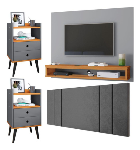 Painel Parede Tv 50 Pol Cabeceira Cama Casal Kit 2 Mesinhas