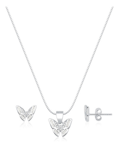 Conjunto Colar Brinco Pingente Borboleta Cravejada Prata 925