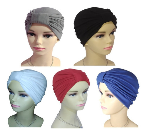 5 Turbantes Gorros Oncológicos Para Mujer Dama, Alopecia Color Gris-negro-mezclilla-rojo-blanco