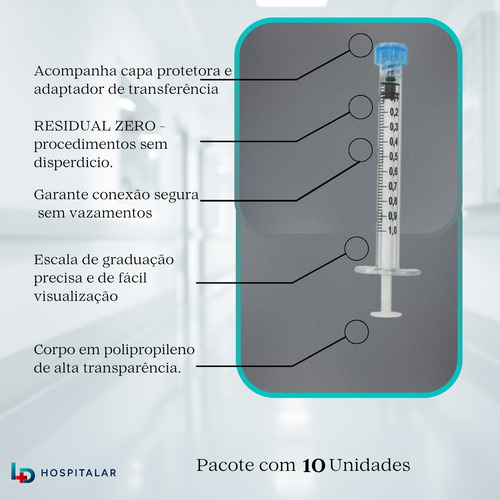 Seringa Cristal 1ml Zero Resíduo Luer Lock Policarbonato 10
