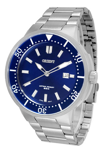 Relógio De Pulso Orient Com Corria De Aço Inoxidável Cor Prateado - Fondo Azul-marinho