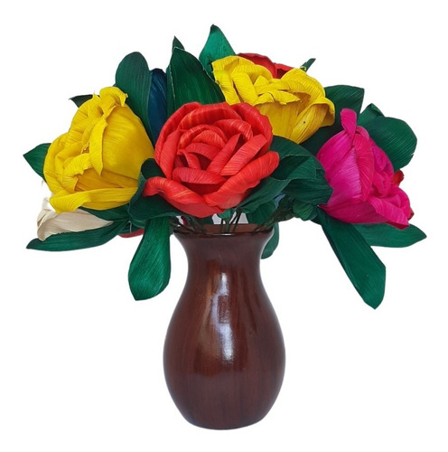 Flores De Hoja De Maíz Artesanales + Florero Base Artesanal
