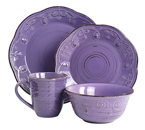 Juego De Vajilla Rústica De Gres Morado, 16 Piezas (el-rusti