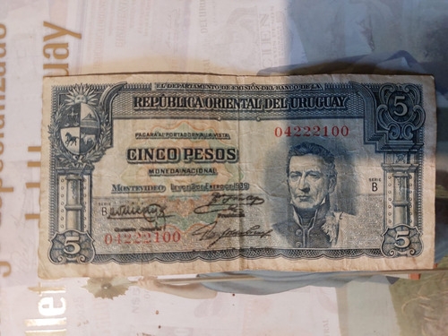 Billete De Uruguay De $ 5 Año 1939 Serie B Número 04222100
