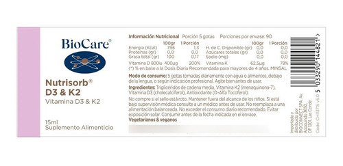Imagen 3 de 9 de Biocare Nutrisorb Vitamina D3 K2 Salud Osea Metabolismo