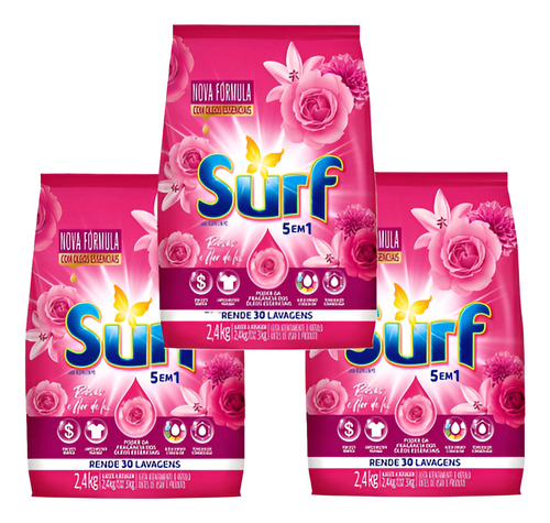 Kit 3 Lava Roupas 5 Em 1 Surf Rosas E Flor De Lis 2.4kg