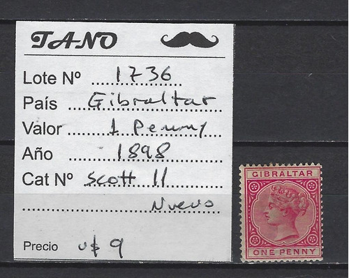 Lote1736 Gibraltar 1 Penny Año 1898 Scott# 11 Nuevo