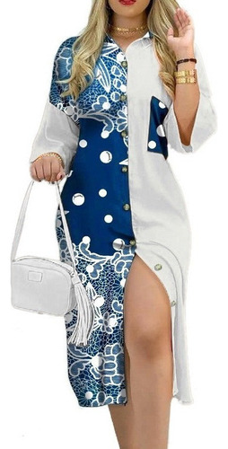 C Vestido Feminino De Manga Comprida Com Botão De Cor