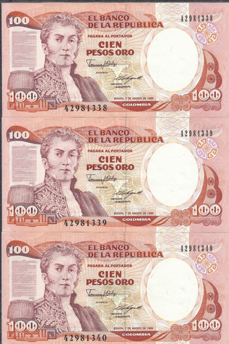 Colombia Trío Consecutivo 100 Pesos 7 Agosto 1989