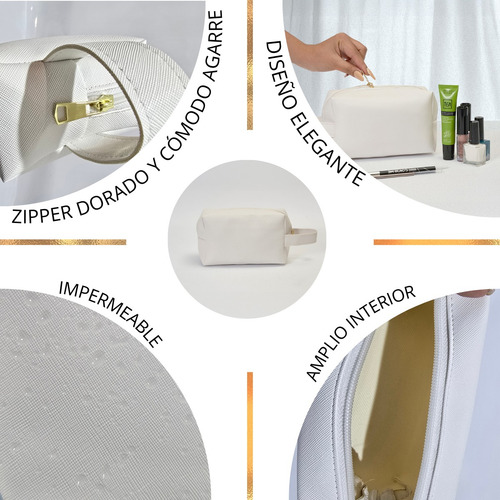 Neceser Cosmetiquera Para Maquillaje Amplia Y Elegante Asa Color Blanco Diseño de la tela Lisa