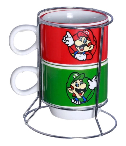 Kit 2 Xícaras De Porcelana Mario E Luigi E Suporte De Metal