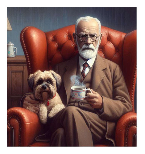 Vinilo 30x30cm Freud Psicologo Perro Sillon Cafe Paz