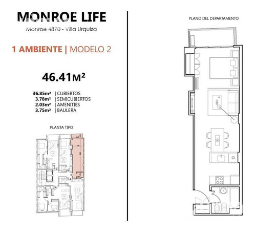 Imagen 12 de 17 de Excelente Monoambiente En Villa Urquiza, Piscina, Sum Y Gym