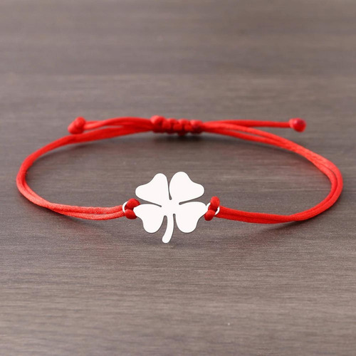 Imagen 4 de 6 de Pulsera Roja Protección Suerte Trébol Listón Ajustable Acero