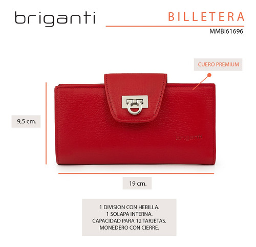 Billetera Mujer Cuero Monedero Tarjetero Briganti Hebilla Color Rojo