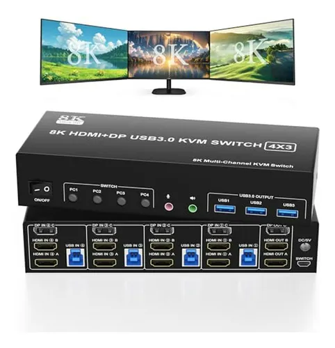 Kvm Switch 3 Monitores 4 Computadoras 8k-4k, Usb Y Hdmi