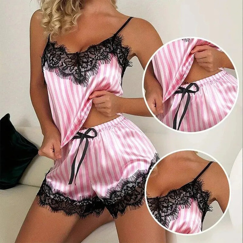 Pijama Seda Sexy Mujer Puntilla Conjunto Pantalon Remera Nyc