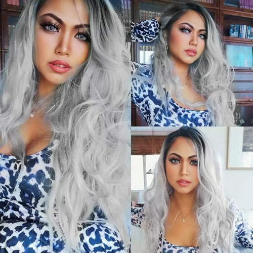 Peluca Larga De Mujer Color Gris Degradado Pelo Ola Natural
