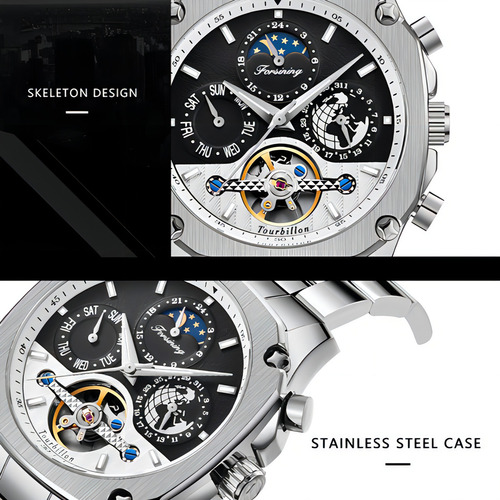 Relojes Luminosos De Fase Lunar Forsining Tourbillon Color De La Correa Silver White