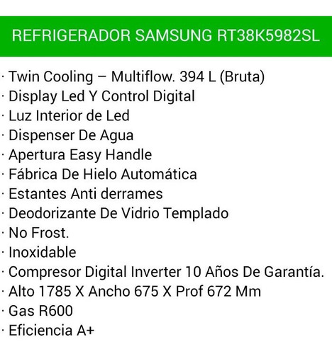 Heladera inverter no frost Samsung Top Mount RT38K598 easy clean steel con freezer 368L 220V
