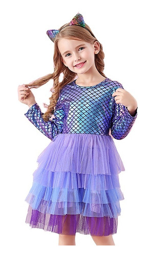 Vestido De Sirenita Manga Larga Tornasolado Tutu Morado