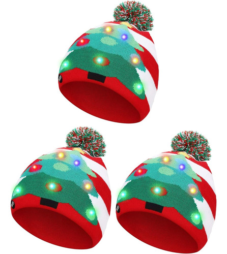 3 Gorros Tejidos Navideños Con Luz Led Gorro De Invierno