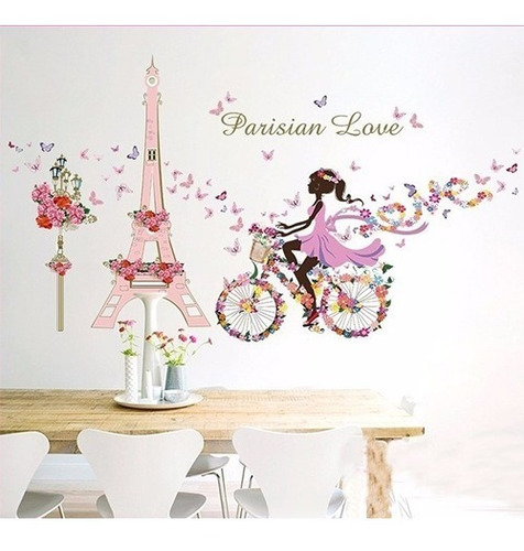 Imagen 3 de 7 de Vinilo Decor Sticker Pared - Paris Love Rosa Bici Hada Flor