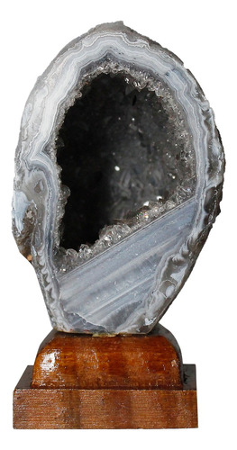Mini Geodo De Ágata Natural Cinza Em Base Madeira 49g 6cm 
