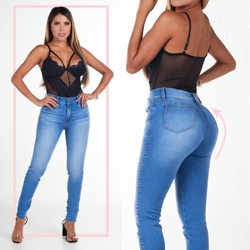 Imagen 3 de 10 de Jeans Tiro Alto Azul Medio Stretch Dama Skinny Levantacola