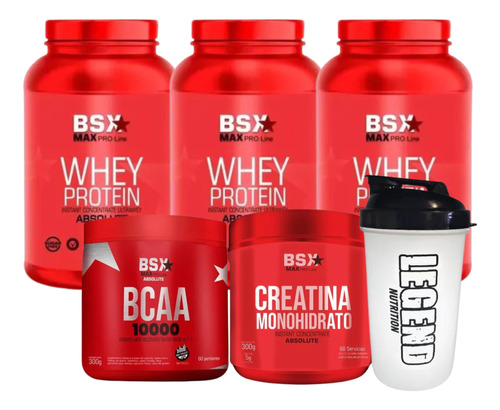 Bsx Whey Protein 908gr X3 Creatina 300gr Bcaa 300gr Shaker 