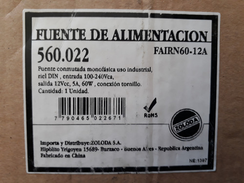 Fuente De Alimentacion Zoloda Fairn60-12a