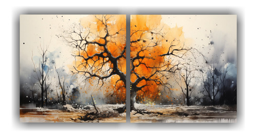 140x70cm Cuadro Abstracto Naranja Negro Árbol Forestal Esqu