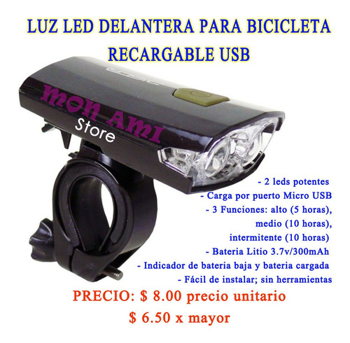 Potente Luz Led Delantera Para Bicicleta, Recargable Usb