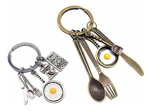 Inoomp 2pcs Fried Egg Keychain Cutting Tool Fork Spoon 1