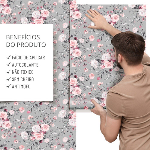 Papel Parede Floral Cinza Flores Lavavel Rolo 5 Mts Adesivo