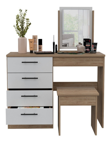 Mueble Tocador Kaia + Banca Rta Miel Blanco Color Marrón Claro