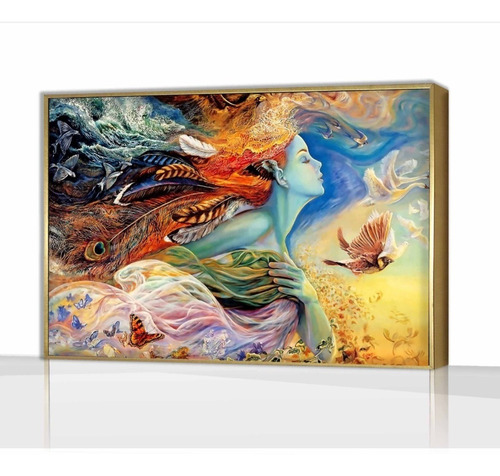 Cuadro Canvas Arte Mujer Y Pájaros Con Marco Flotante 90x140