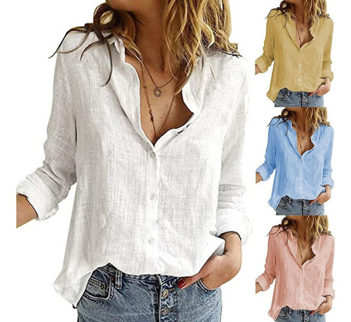 Blusa De Lino De Manga Larga De Color Liso